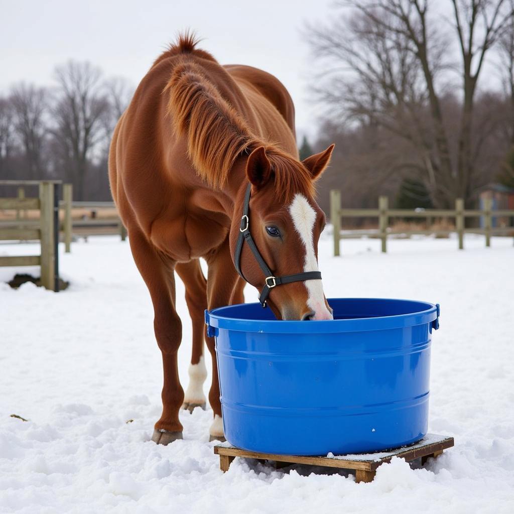 Horse Drinking from Insulated Water Bucket in Winter Paddock