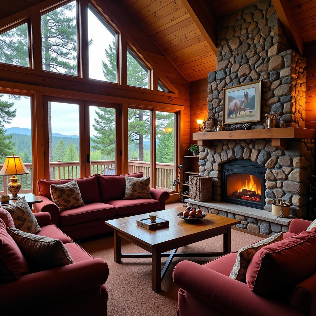 Cozy Interior of a Crazy Horse Cabin with Fireplace