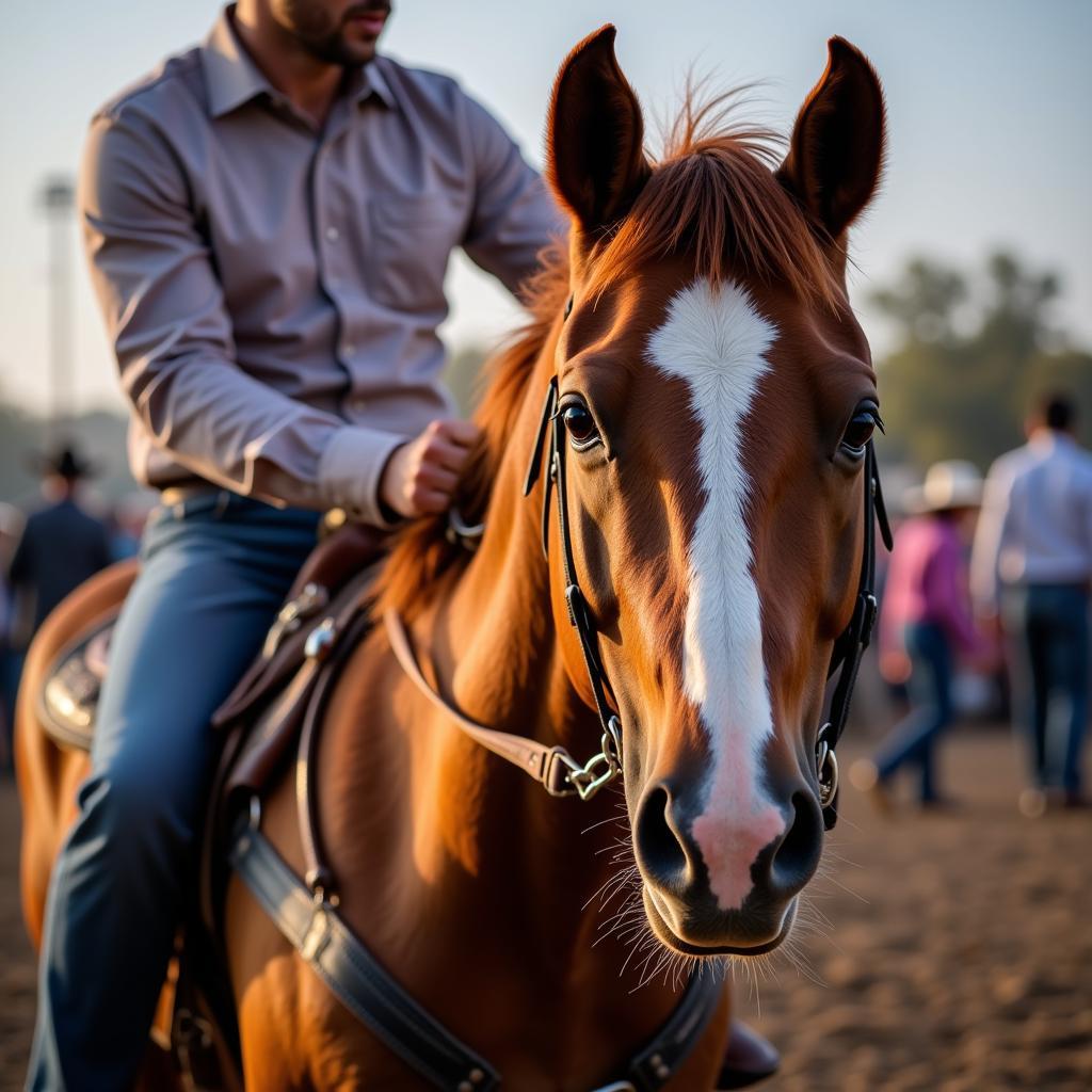 Close-up of horse and rider connection at rodeo