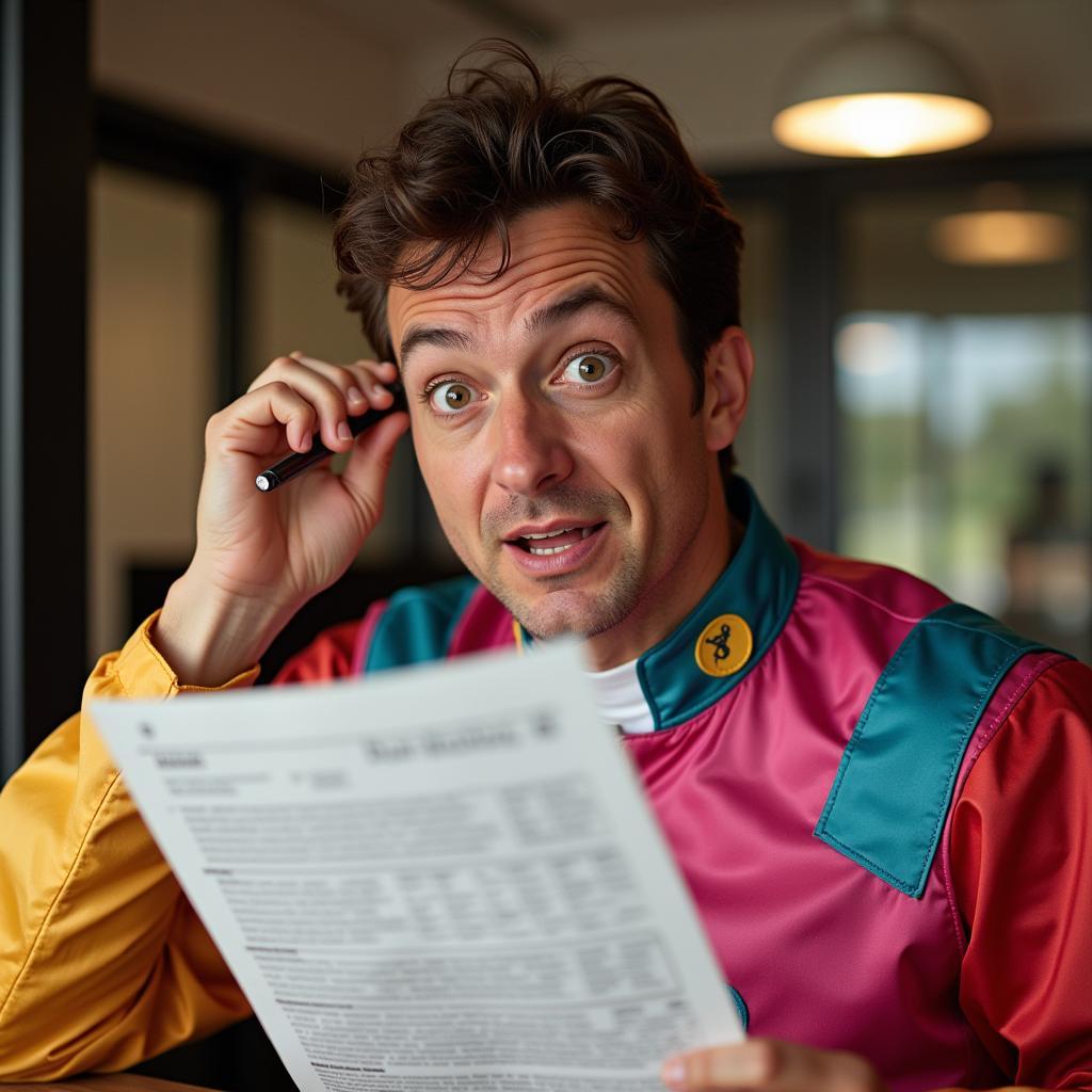 Jockey Reading Racing Form with Humorous Expression