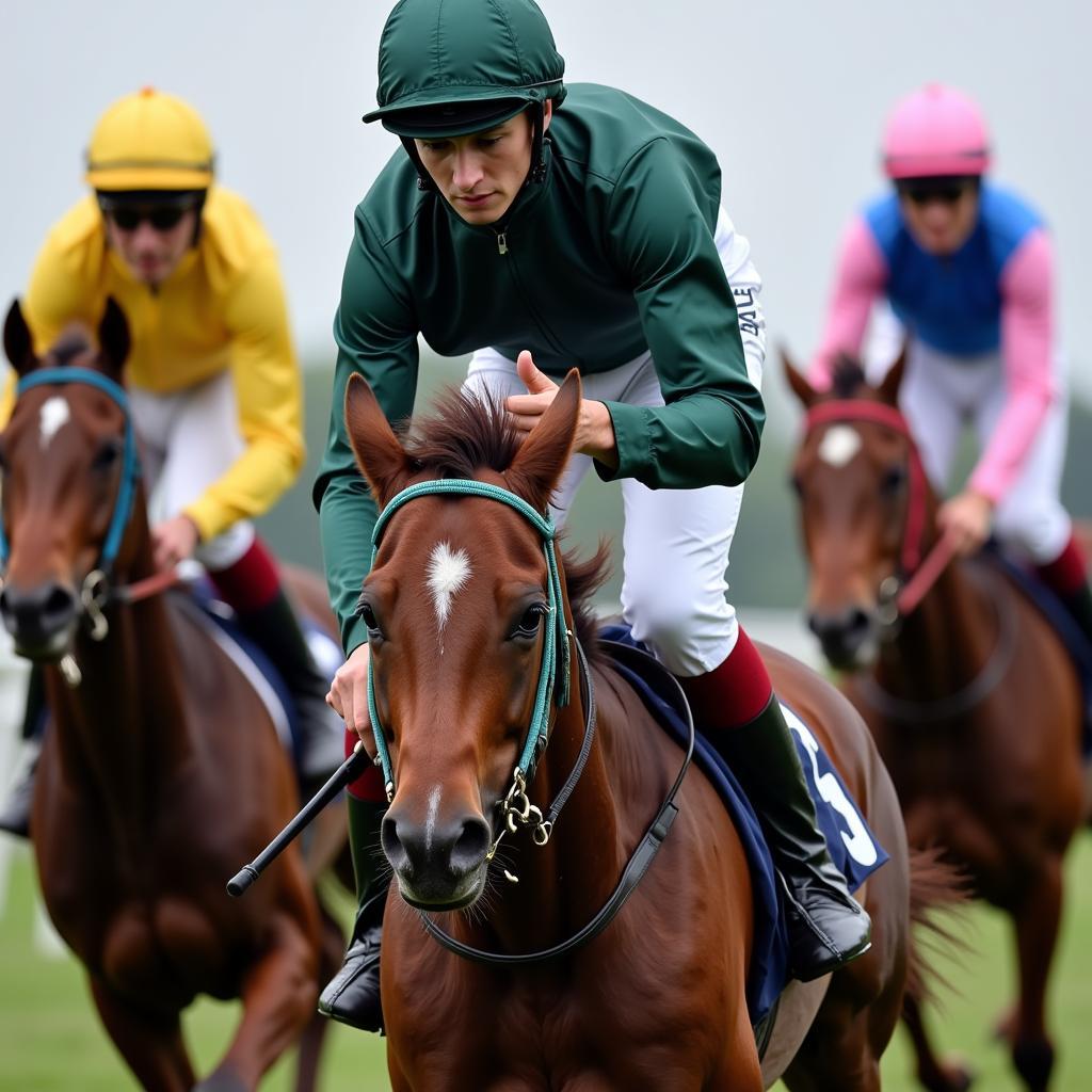 Jockey using a race horse whip during a race