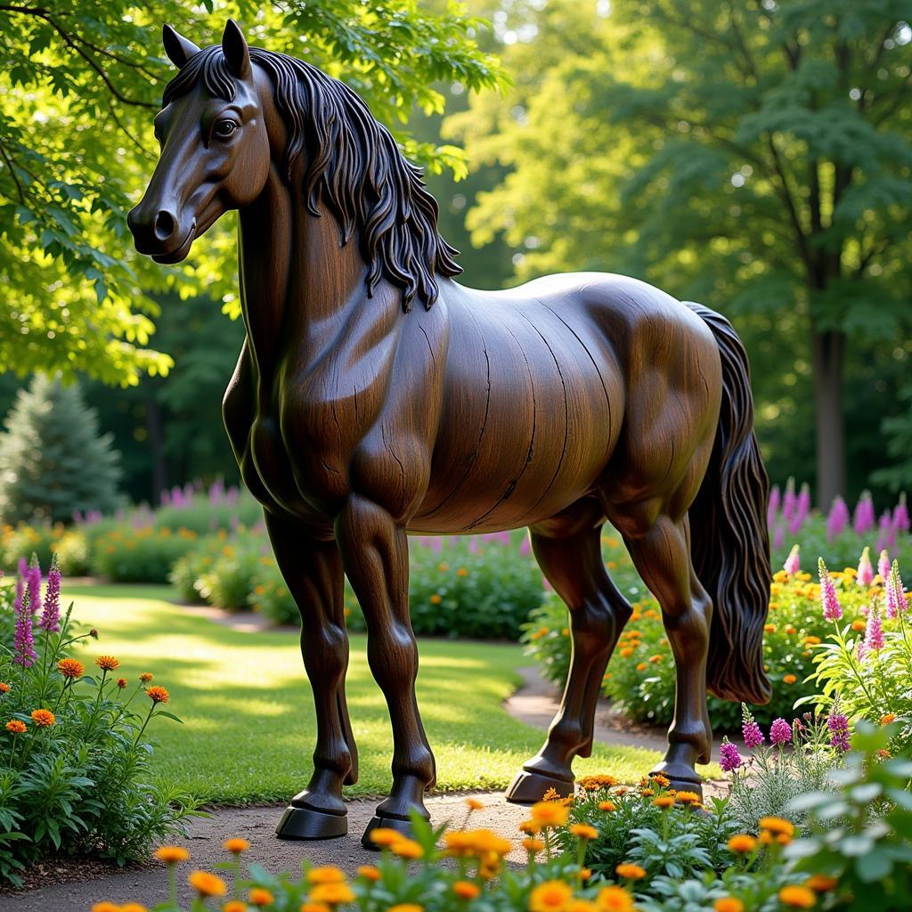 Large Wooden Horse Statue in a Garden Setting