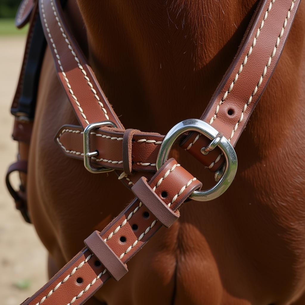 Close-up of Leather Horse Harness Buckles and Stitching