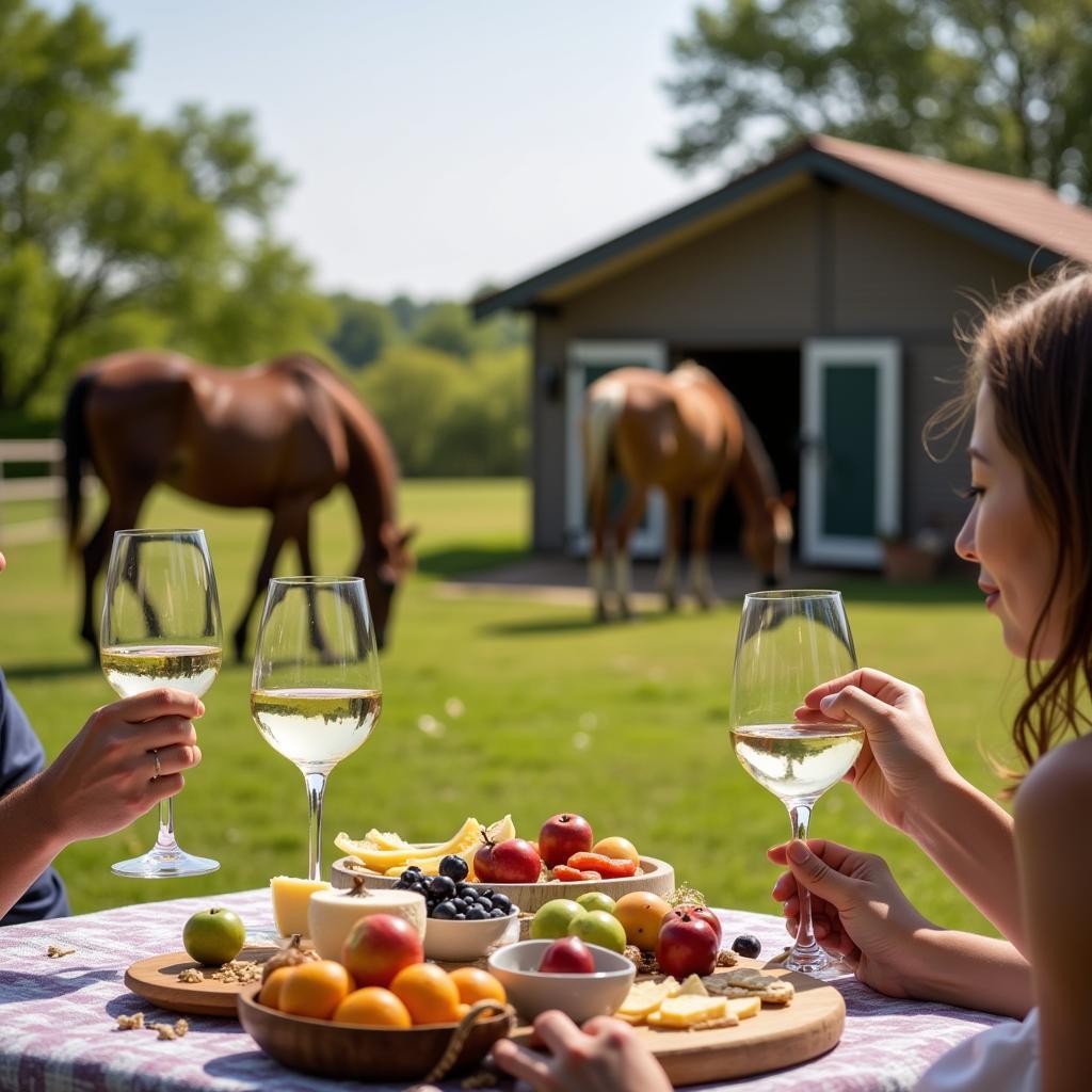 Enjoying Light-Bodied Wine at an Equestrian Picnic