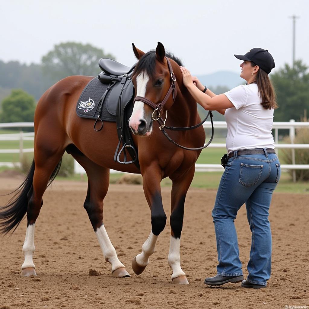 Handler Correcting a Horse's Posture During Long Reining