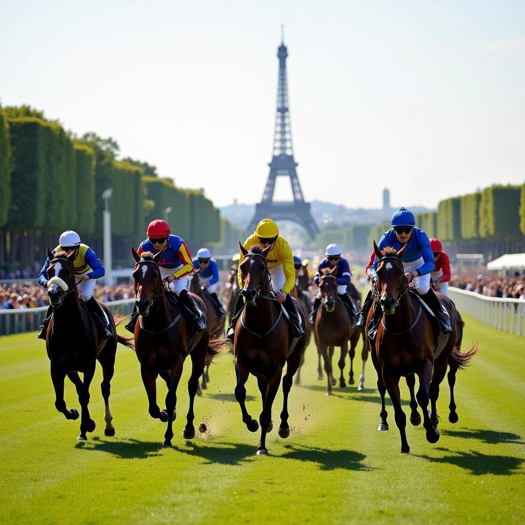 Longchamp Racecourse Prix de l'Arc de Triomphe: A captivating image showcasing the beautiful Longchamp Racecourse during the Prix de l'Arc de Triomphe, featuring the Eiffel Tower in the distant background.