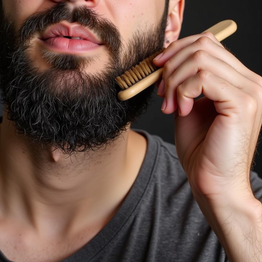 Man using a horse hair beard brush on his beard