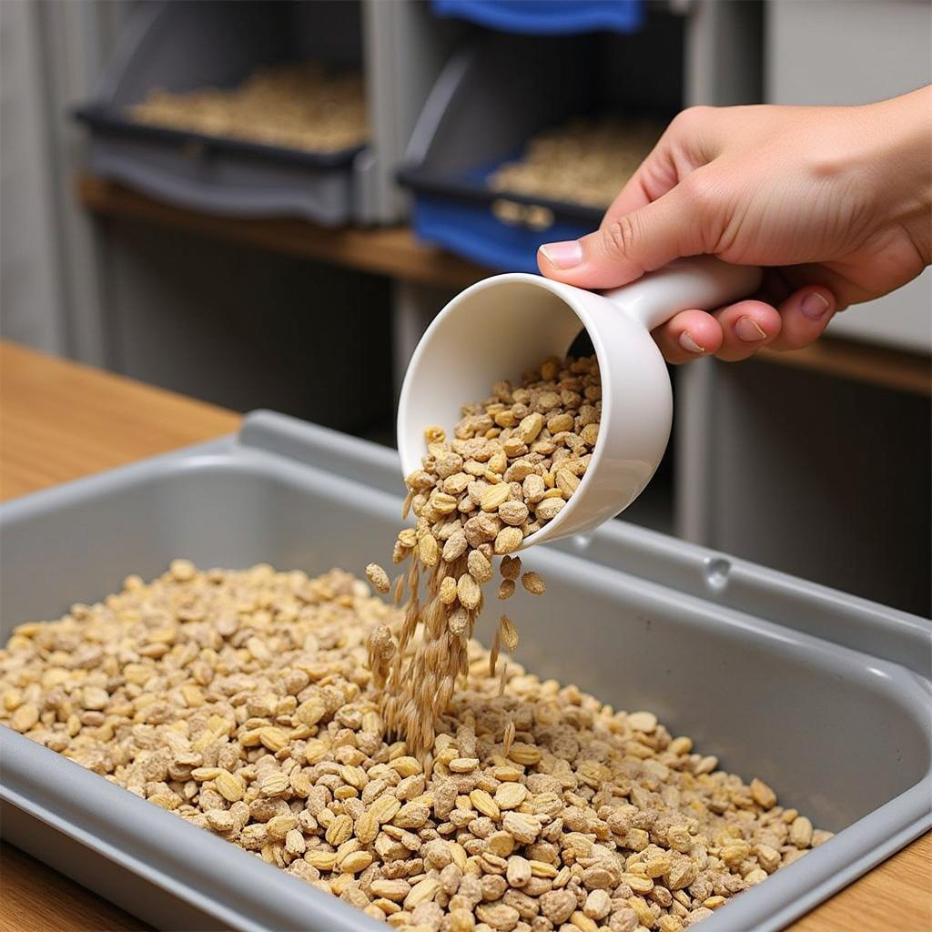 Carefully Measuring Horse Feed with a Scoop