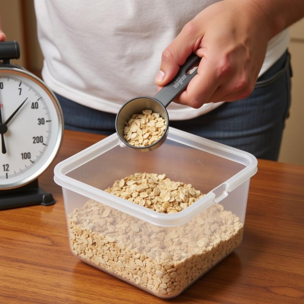 Measuring oats for horse feed