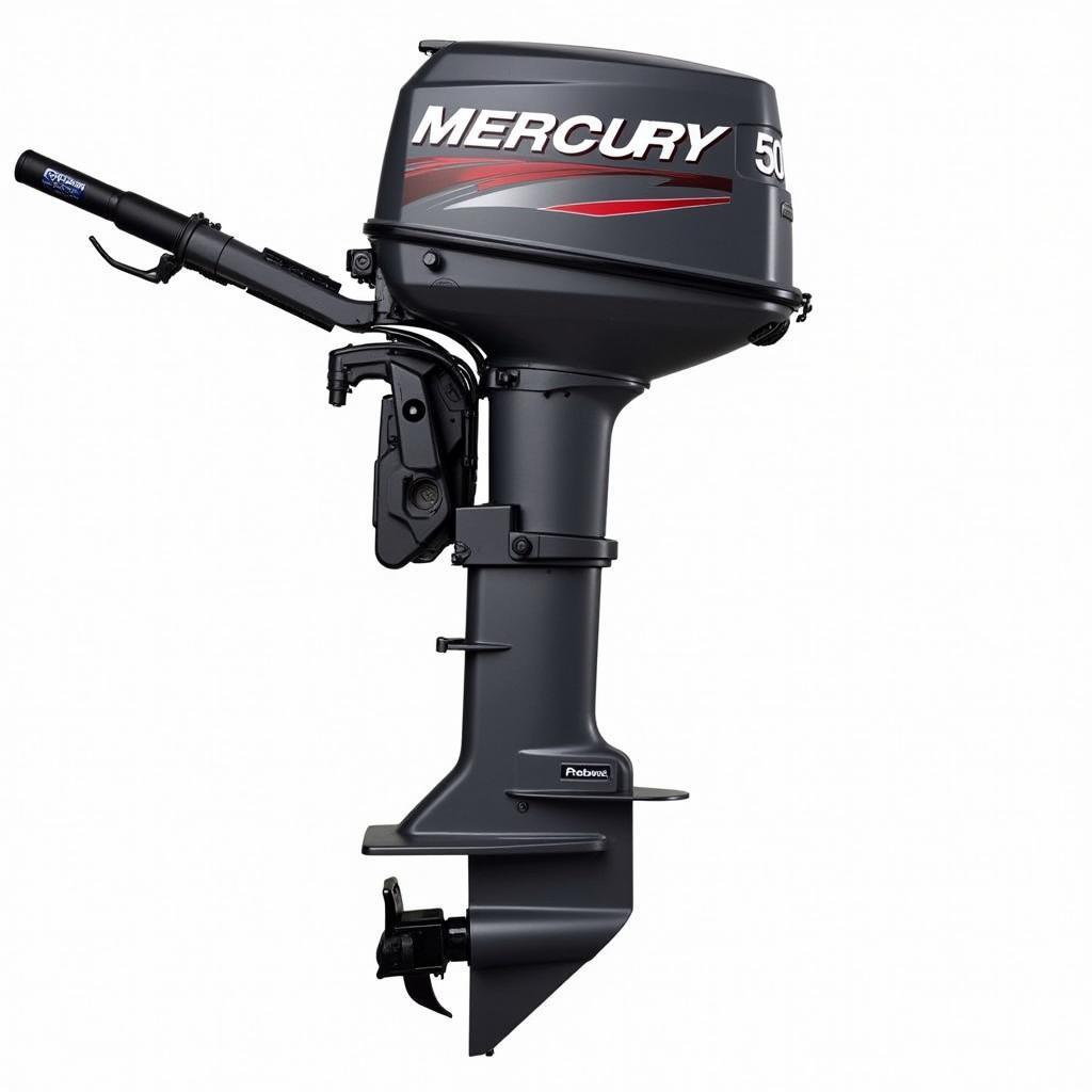 Mercury 50 Horse Outboard Motor Features: Close-up view of the motor highlighting key components like the power trim, tiller handle, and cowling.