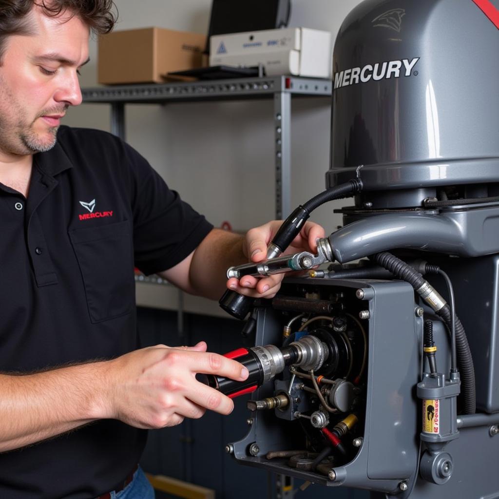 Mechanic performing routine maintenance on a Mercury outboard motor.