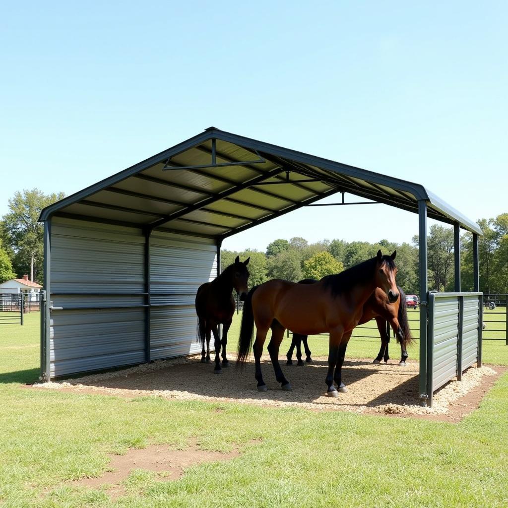 Metal Frame Horse Paddock Shelter with Horses