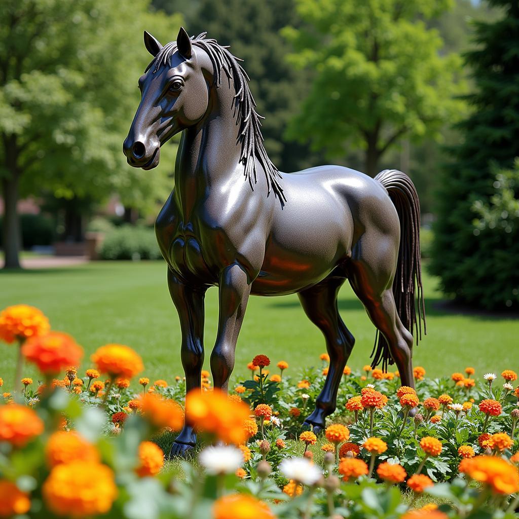 Stunning Metal Yard Art Horse Sculpture in a Garden Setting