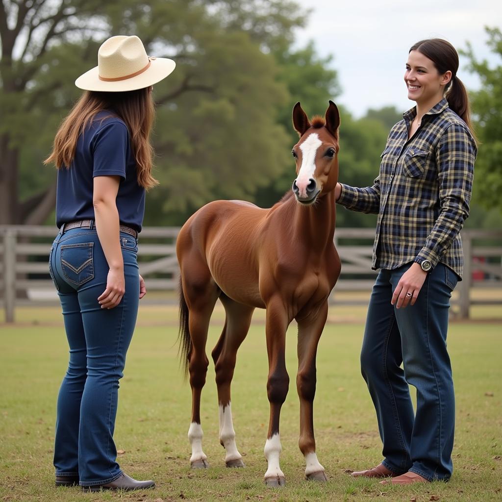 Horse breeders in Miami showing a young foal