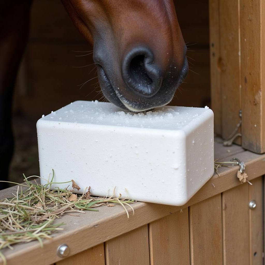 Horse with a mineralized salt block in its stable