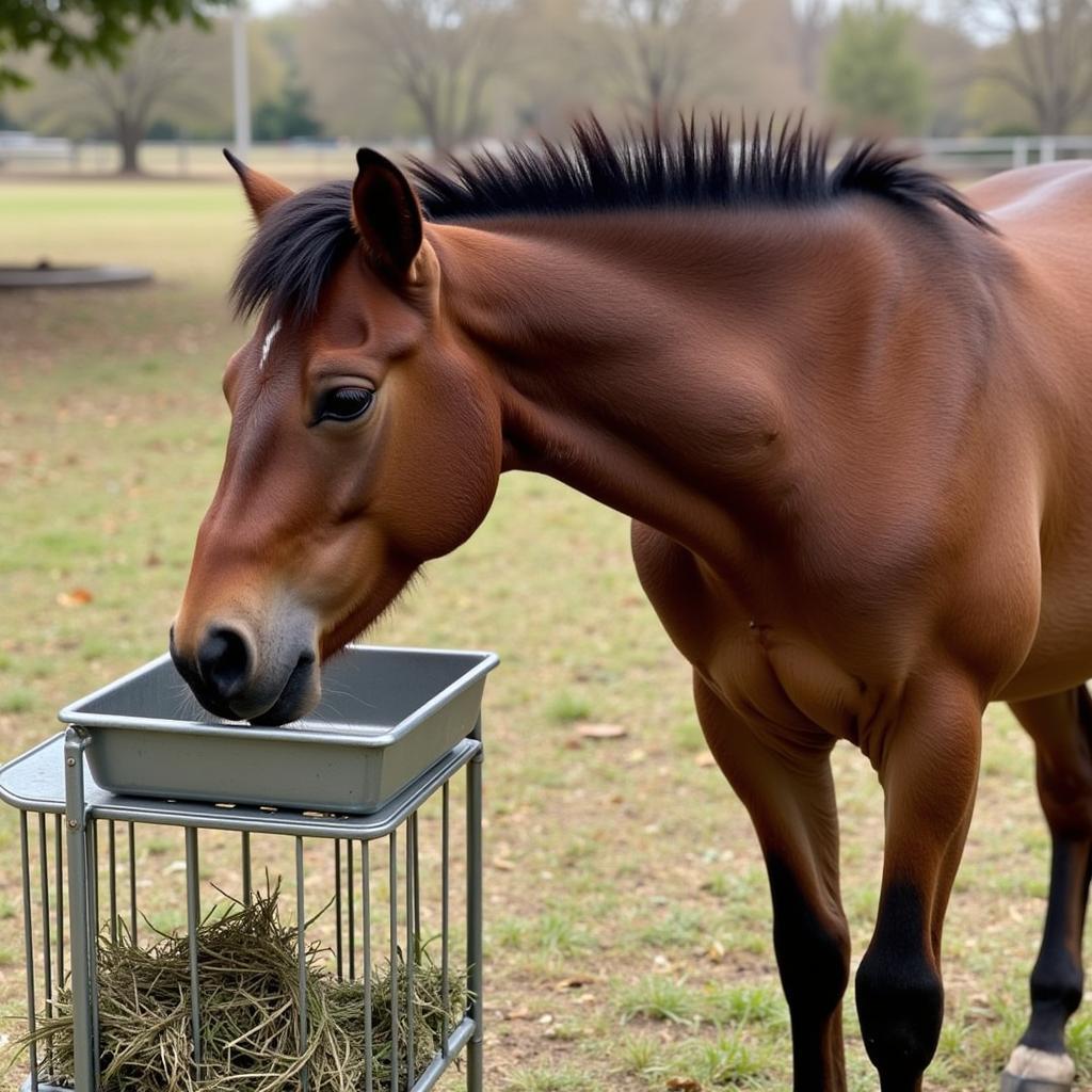 Miniature horse enjoying its feed from a specialized feeder.