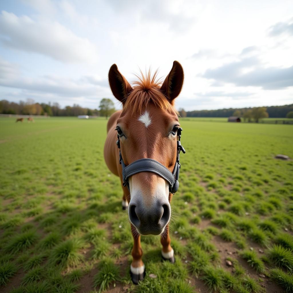 Miniature Horse Grazing with Muzzle