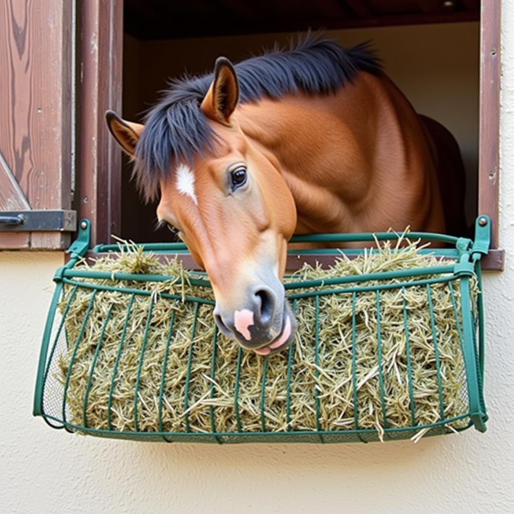 Miniature Horse Using a Slow Feed Hay Net