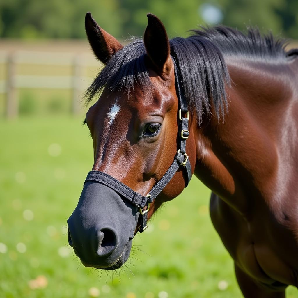 Miniature Horse Wearing a Grazing Muzzle