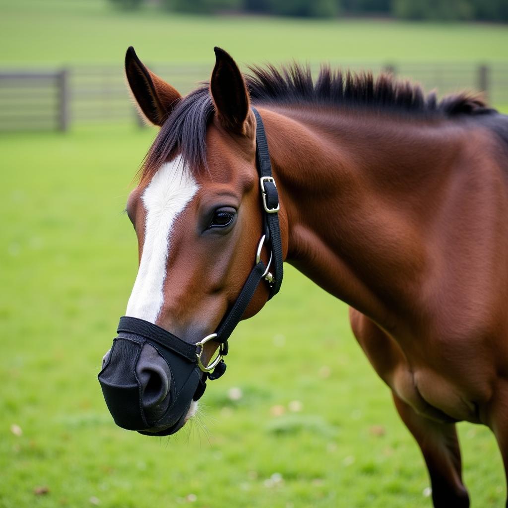 Miniature Horse Wearing a Grazing Muzzle