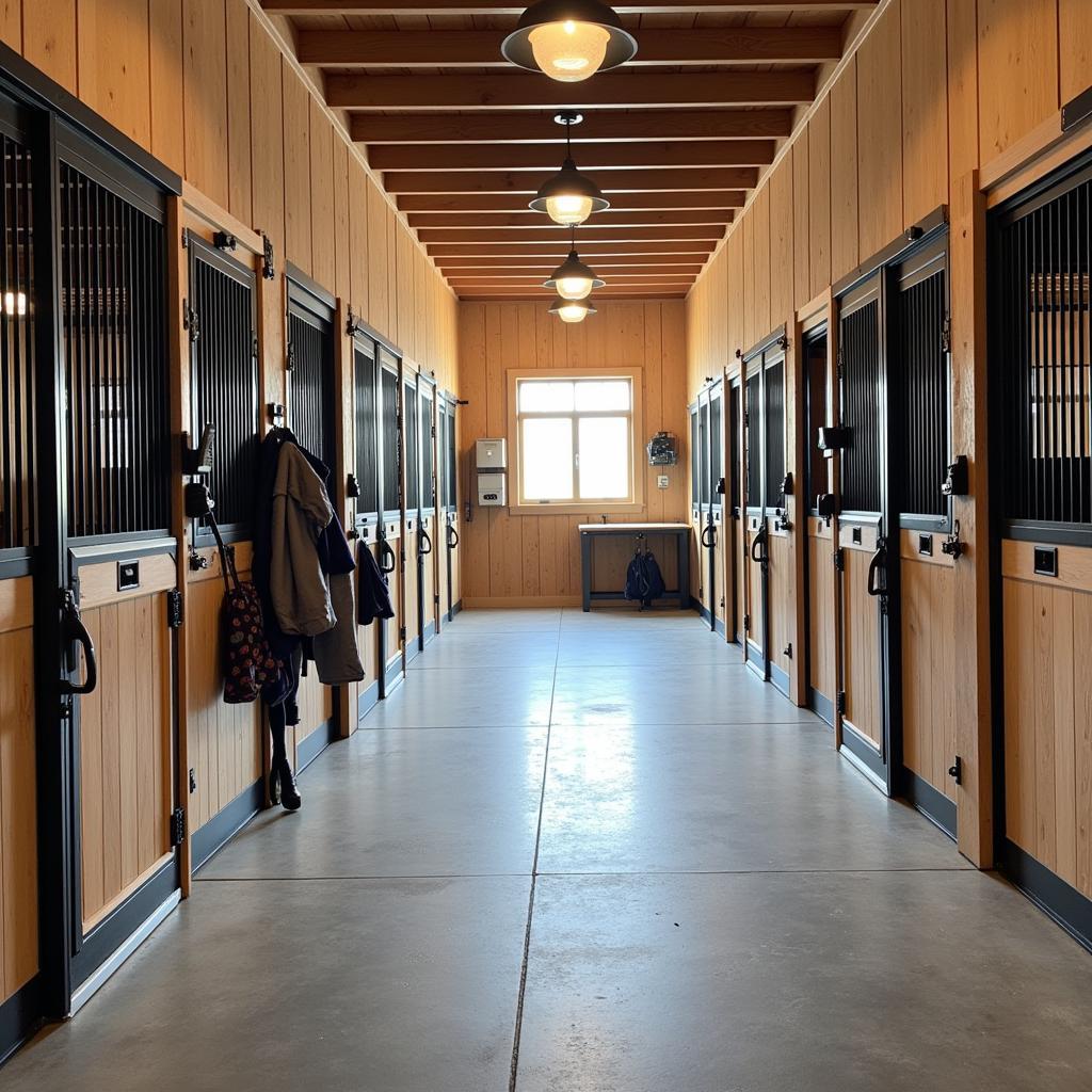 Interior of a Modern Horse Barn with Stalls and Tack Room