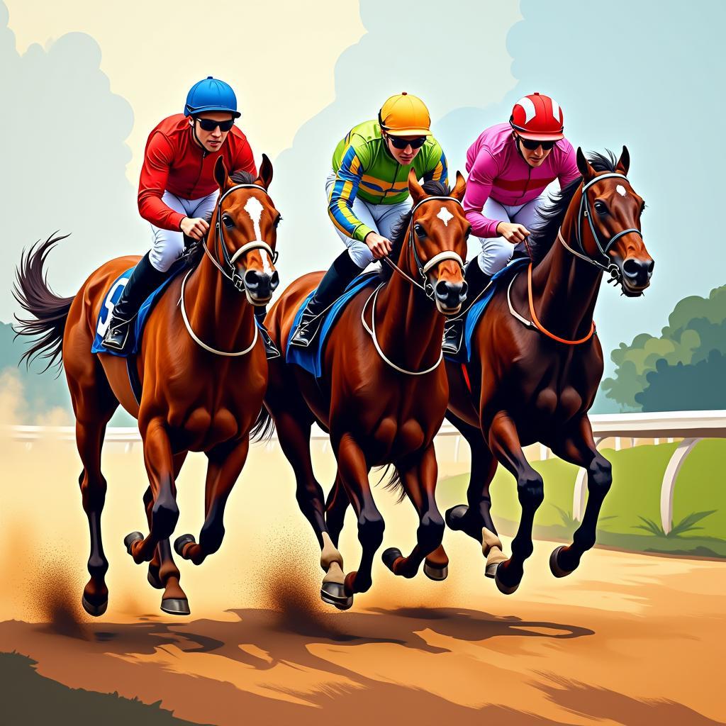 Modern Horse Racing Art - Abstract Style: An abstract depiction of a horse race, using bold colors and dynamic lines to convey the energy and movement.