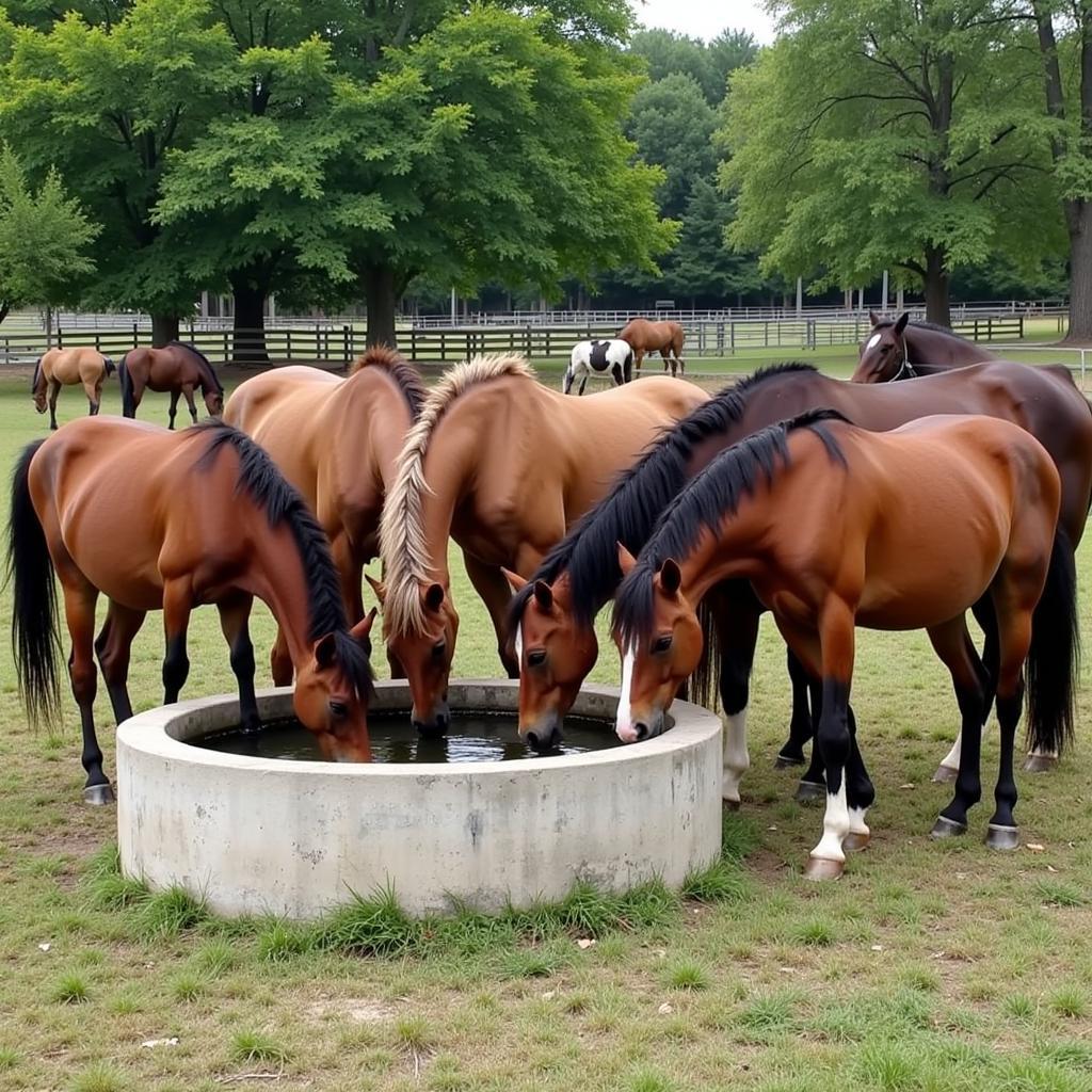 Multiple Horses Drinking From a Trough