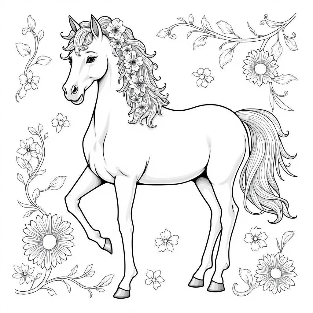 Mustang Horse Coloring Page with Floral Design