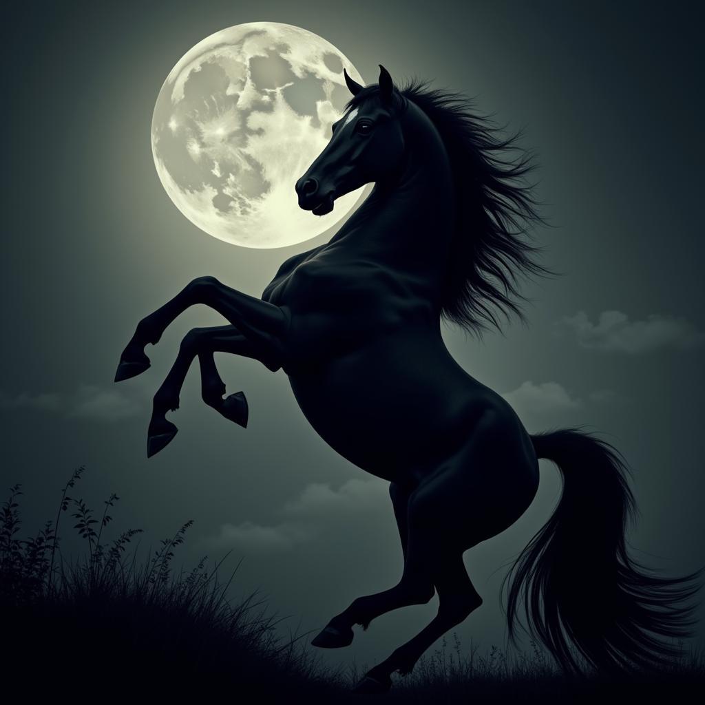 Mythological Black Horse Rearing in Moonlight