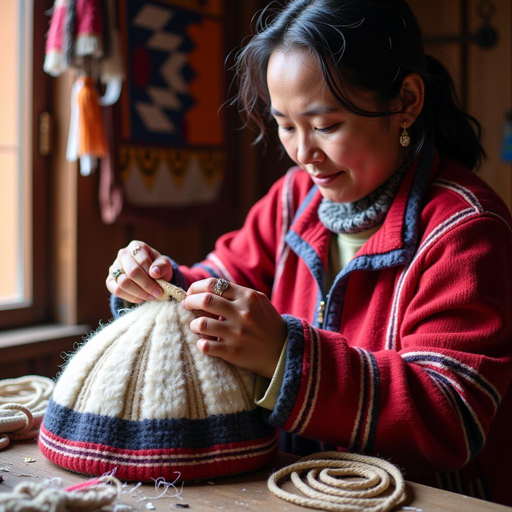 Navajo Weaver Creating a Traditional Hat