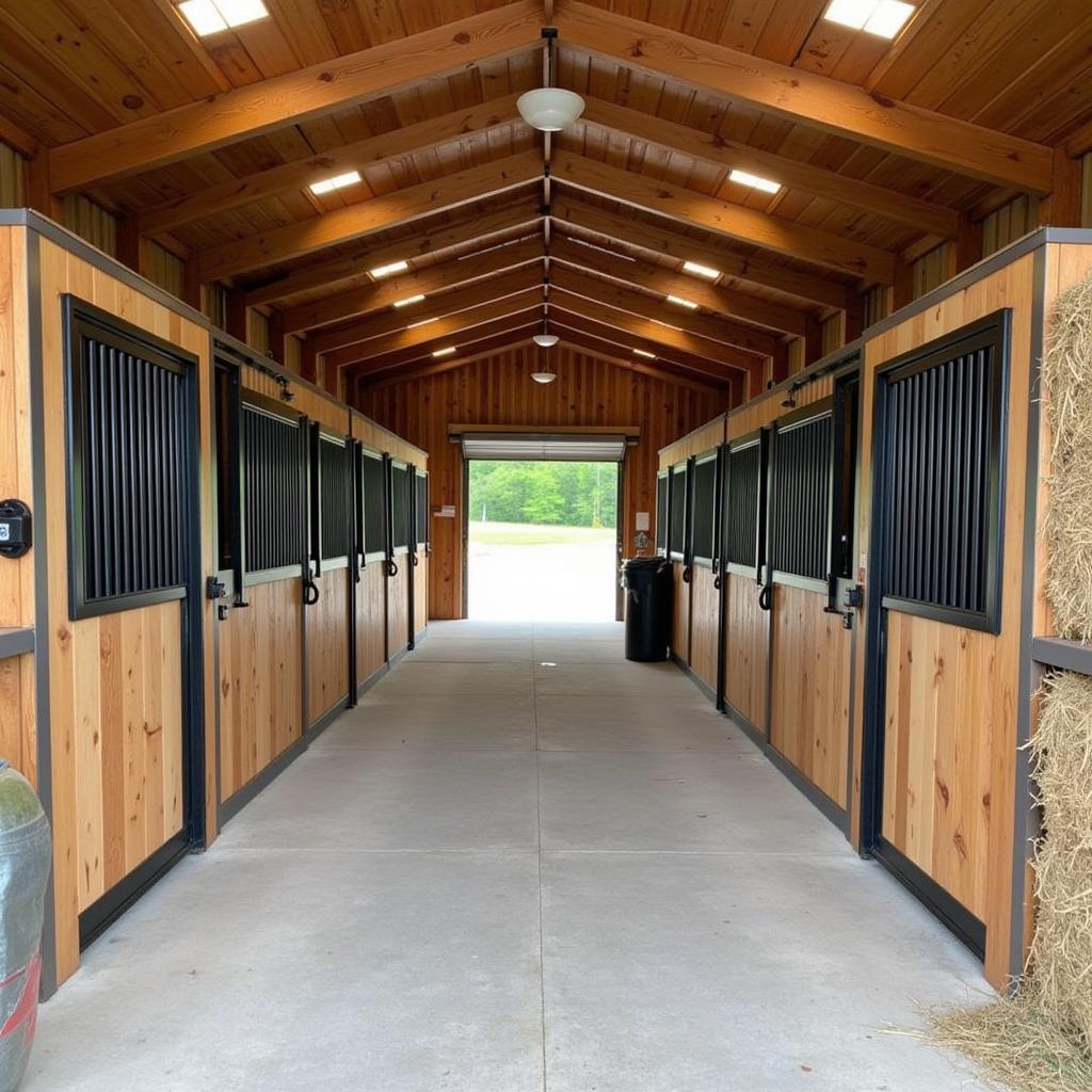 Interior of a well-maintained horse barn in New Hampshire