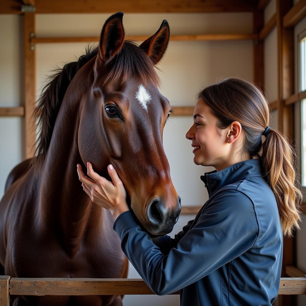 Rescue Worker Comforting a Rescued Horse