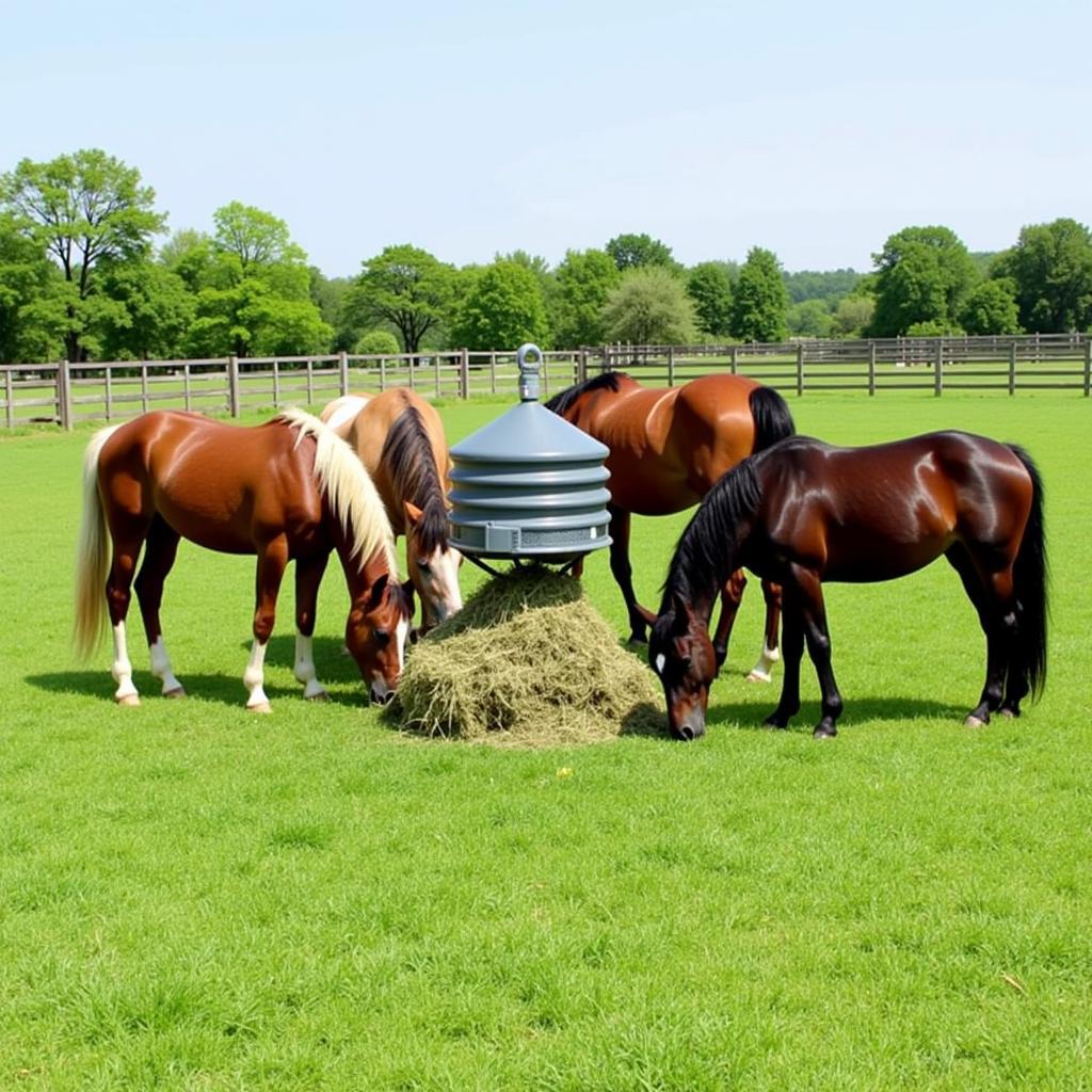 An automatic hay feeder in a pasture setting.