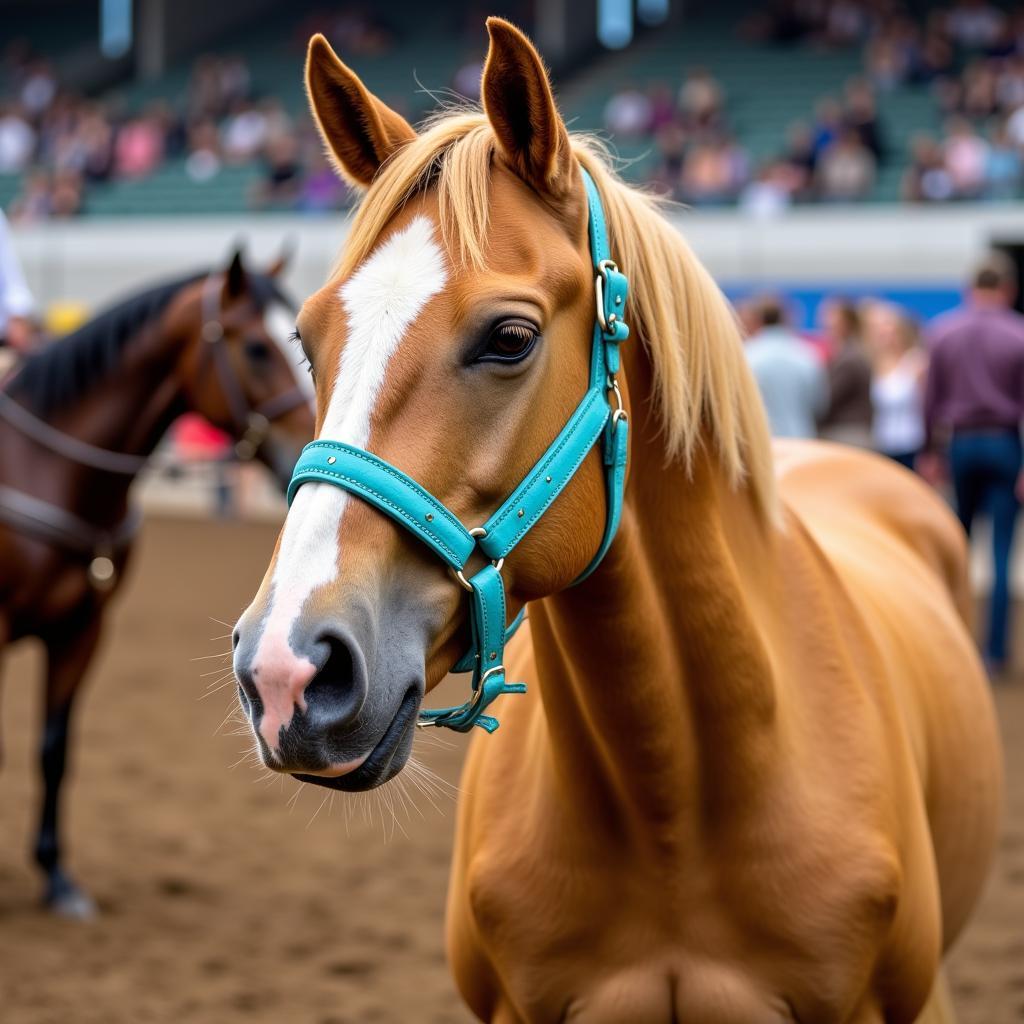 Palomino Horse Wearing a Turquoise Halter in a Show