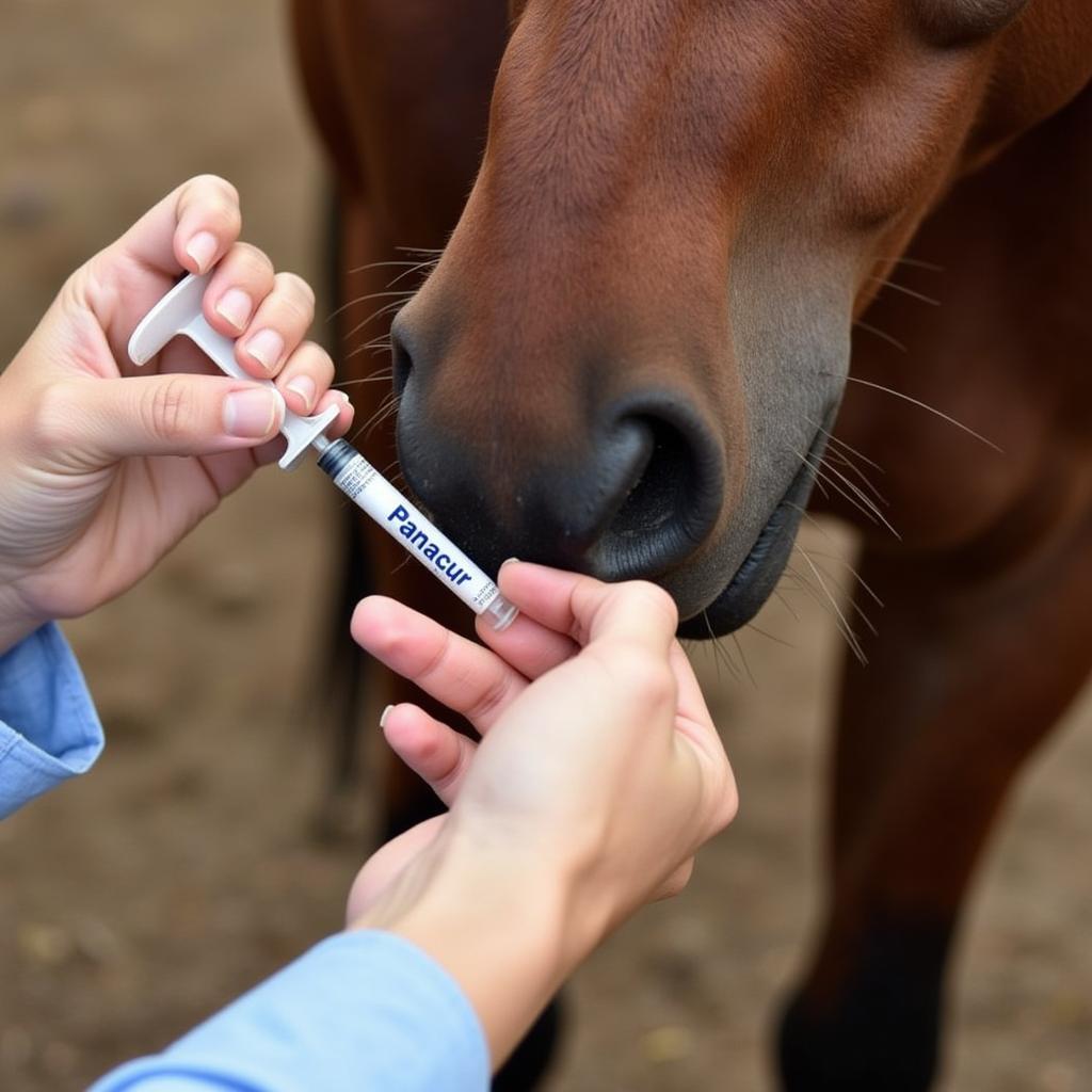 Panacur Horse Deworming: A horse receiving Panacur paste orally.