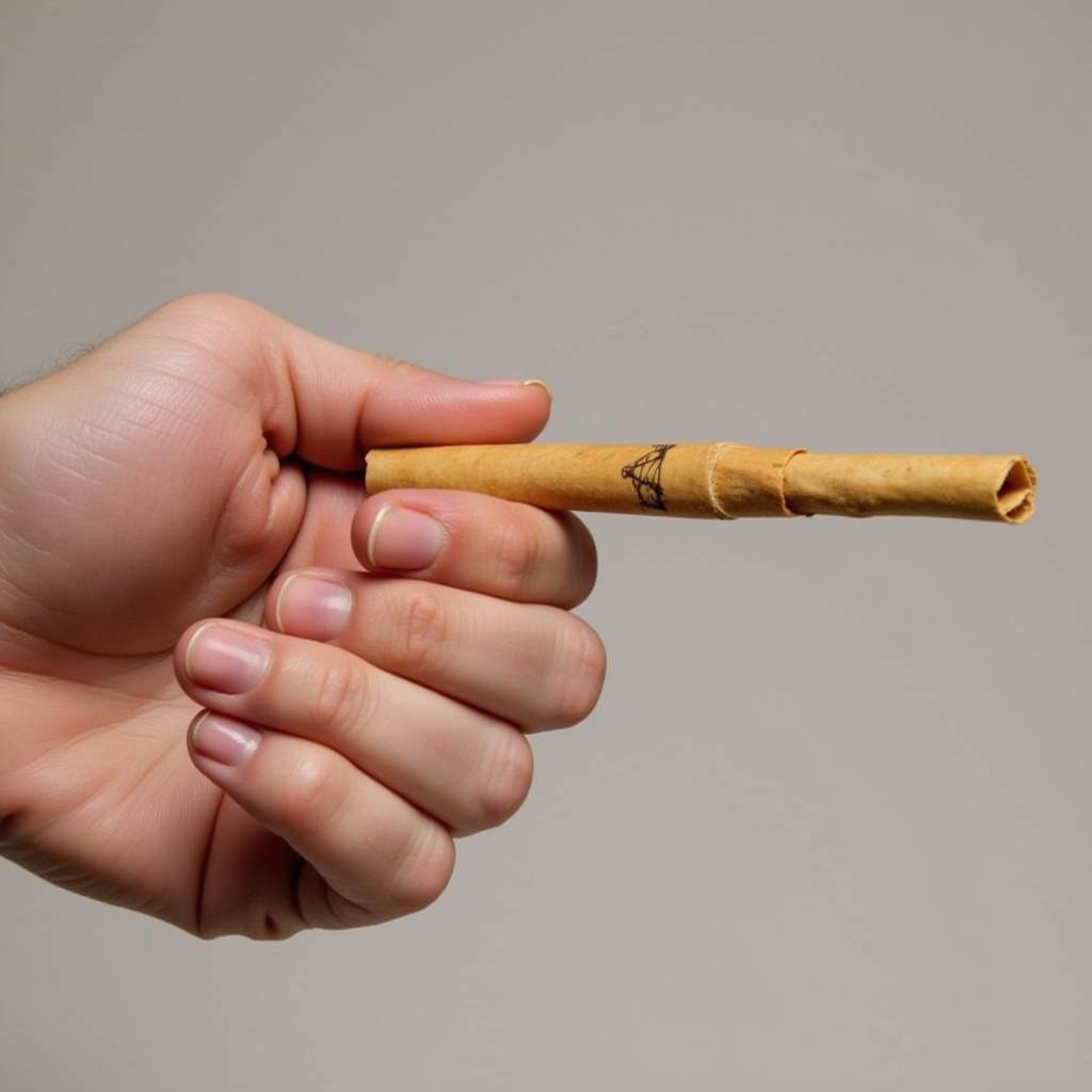 A person holding a flying horse pre-roll, demonstrating how to hold it for lighting.