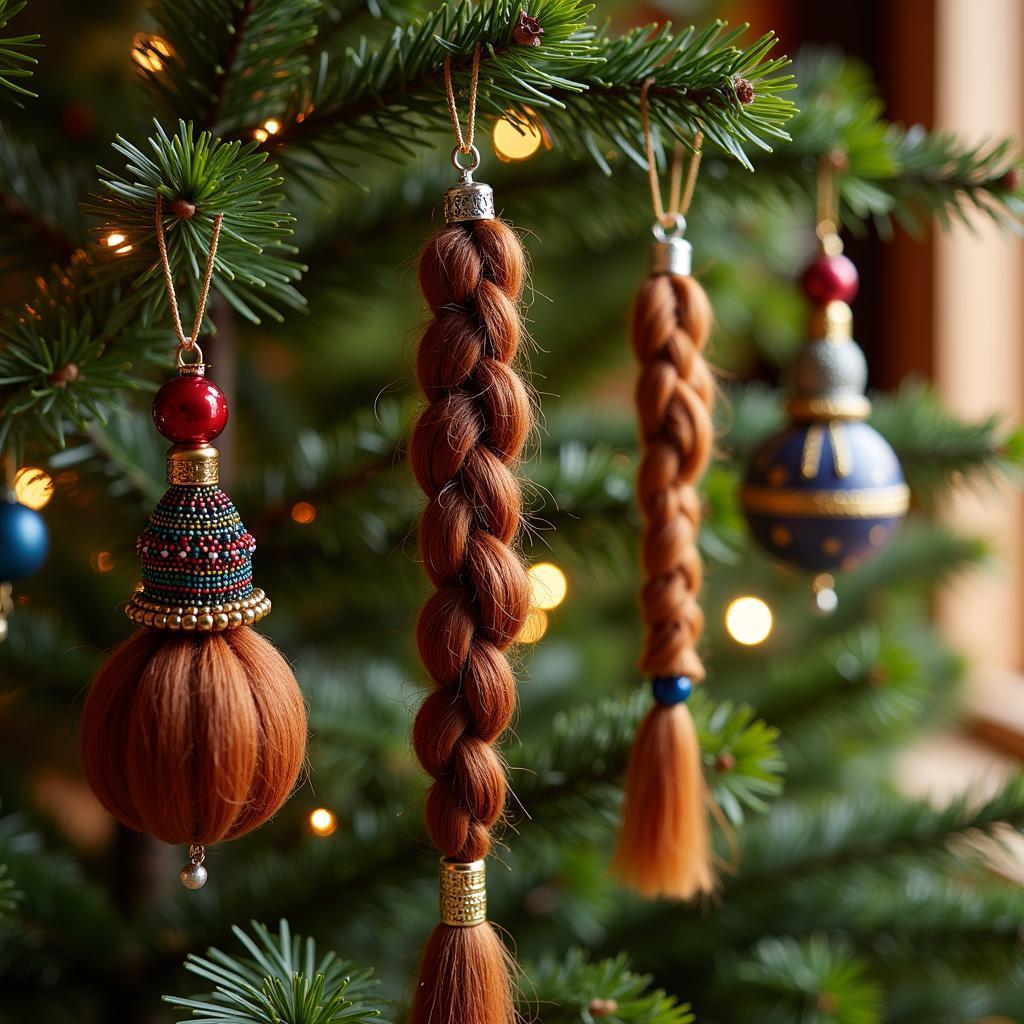 Personalized horse hair keepsake ornaments: A variety of Christmas ornaments crafted from horse hair, each uniquely designed and personalized with beads and charms.