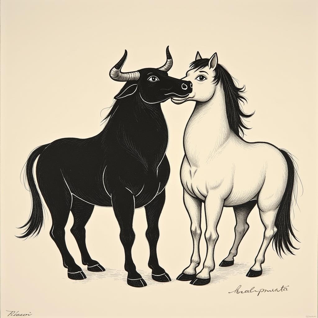 Picasso Bull and Horse Lithograph: Dynamic Interplay of Opposing Forces