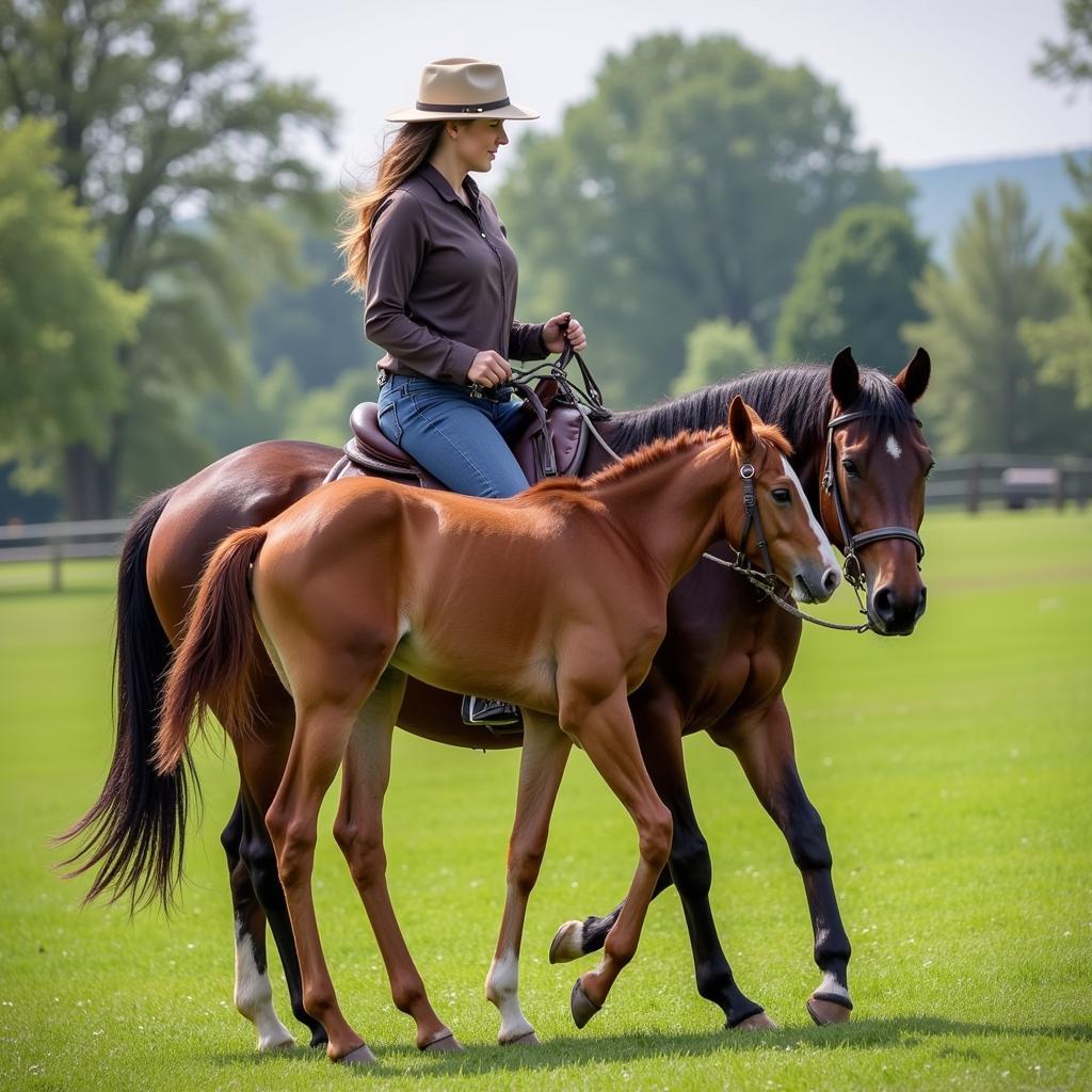 Two horses being ponied in a field