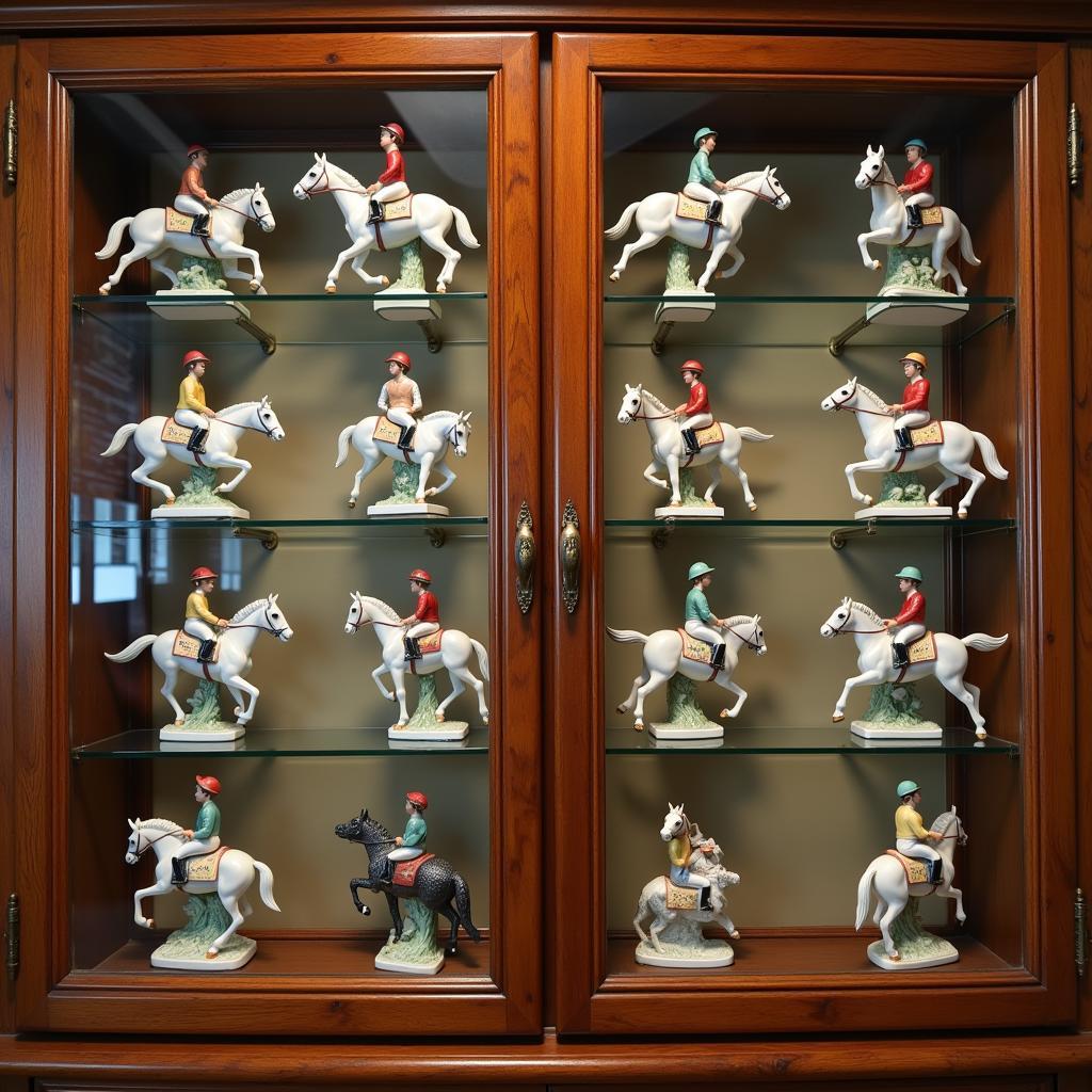 A Collection of Delicate Porcelain Horse Jockey Figurines in Various Poses