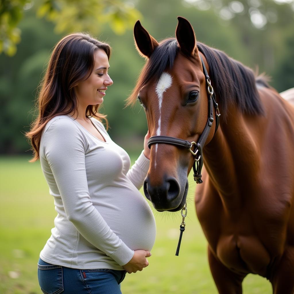 Pregnant Woman Grooming Horse