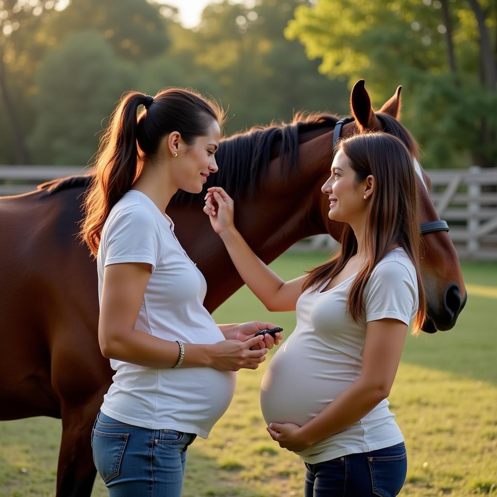 Pregnant Woman Grooming Horse