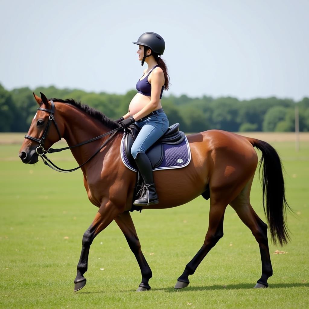 Pregnant woman riding a calm horse on flat terrain.