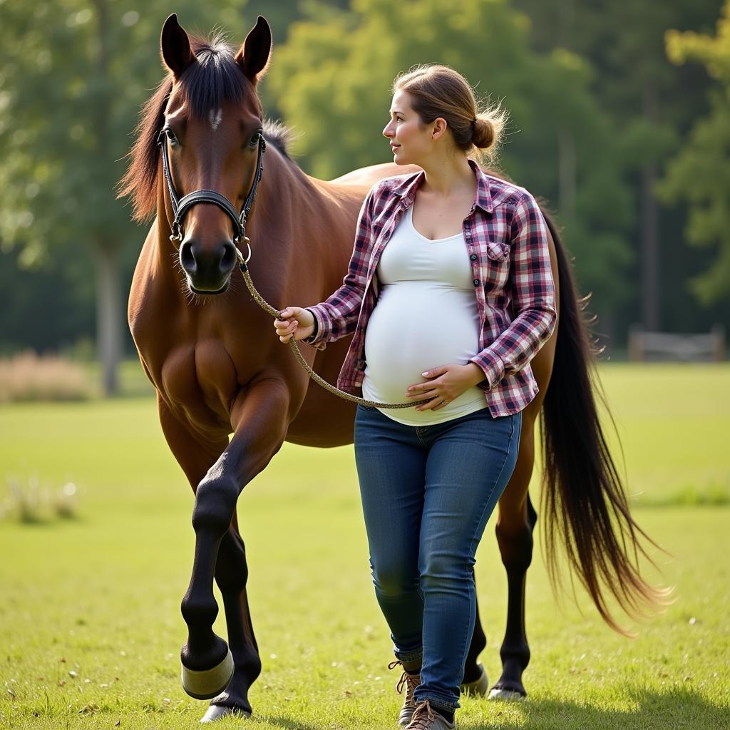 Pregnant Woman Walking Her Horse