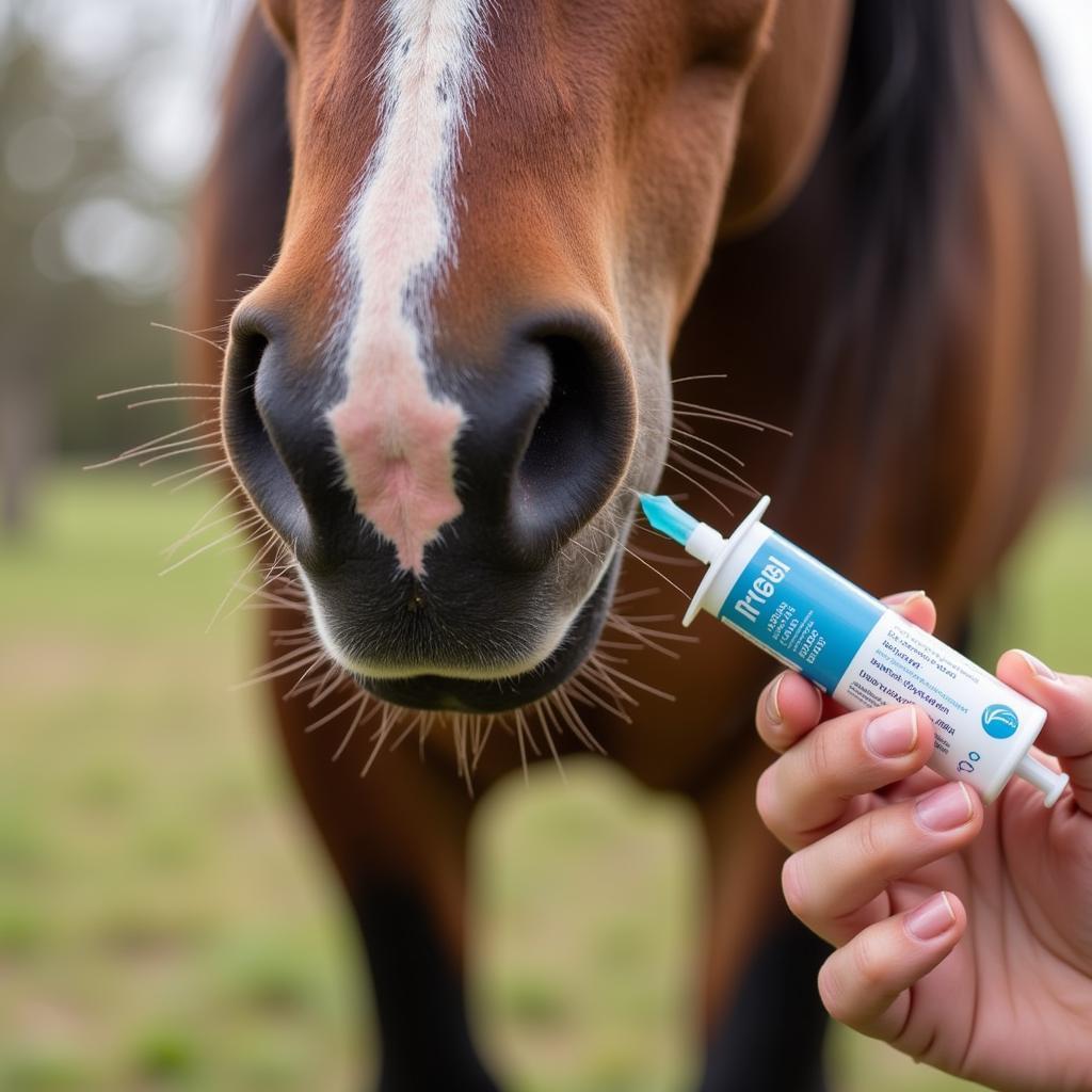 Horse receiving Prevail dewormer paste