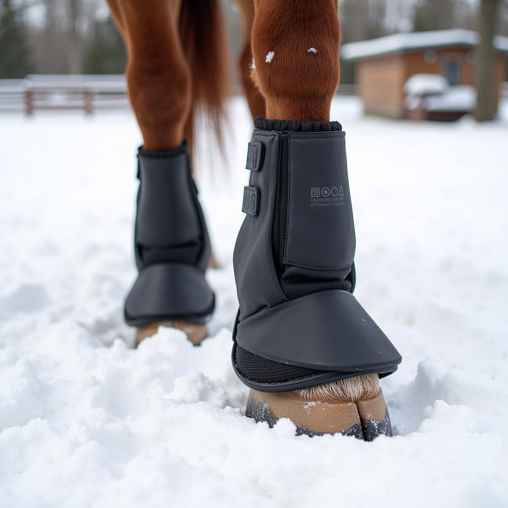 Horse wearing boots to prevent ice balls