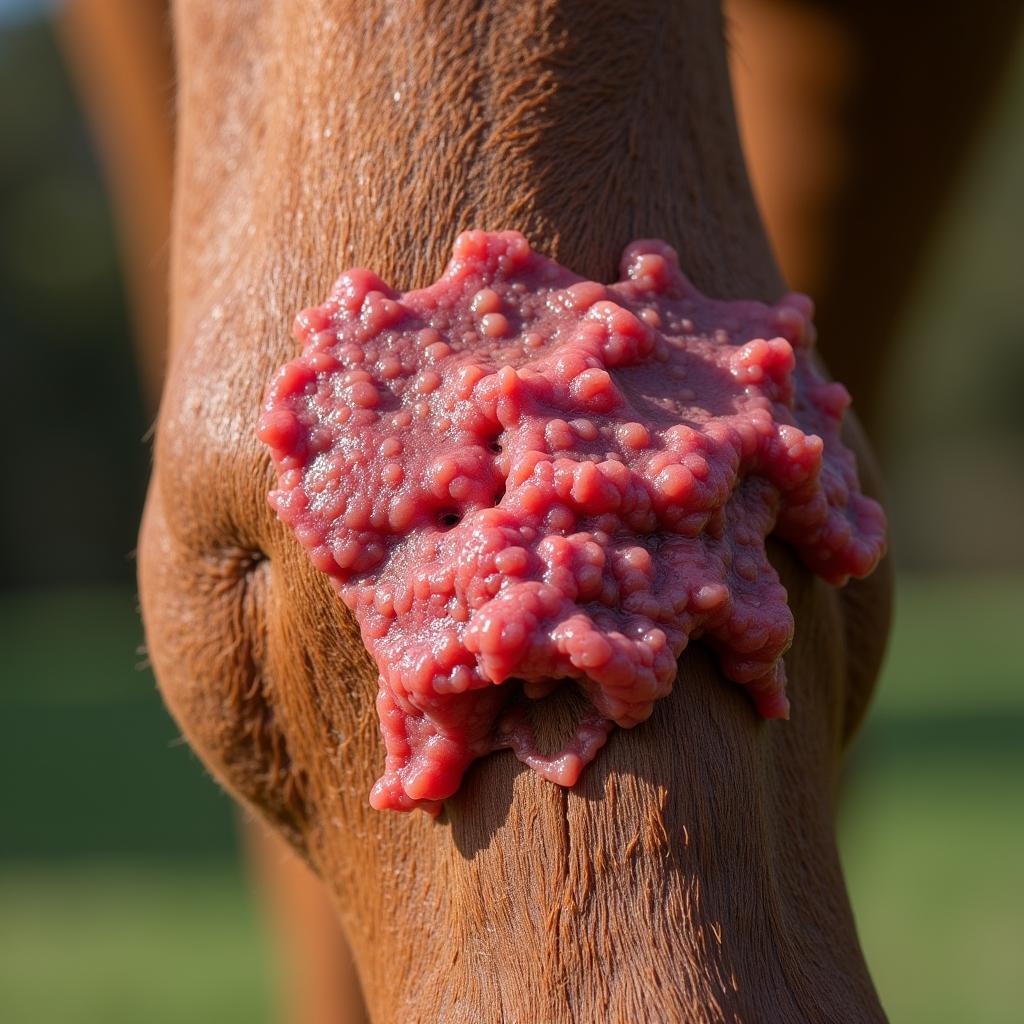 Close-up of proud flesh on a horse's leg