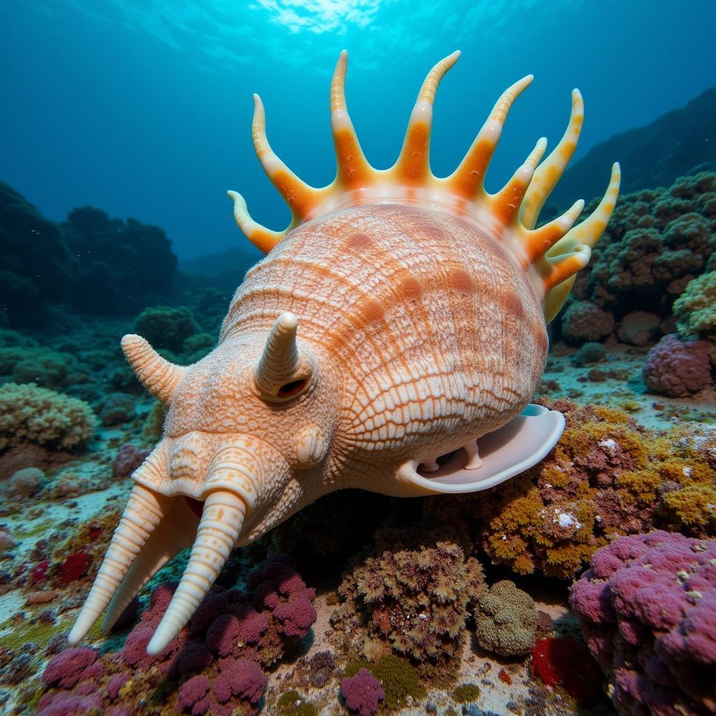 Queen Conch Grazing Seagrass in Coral Reef