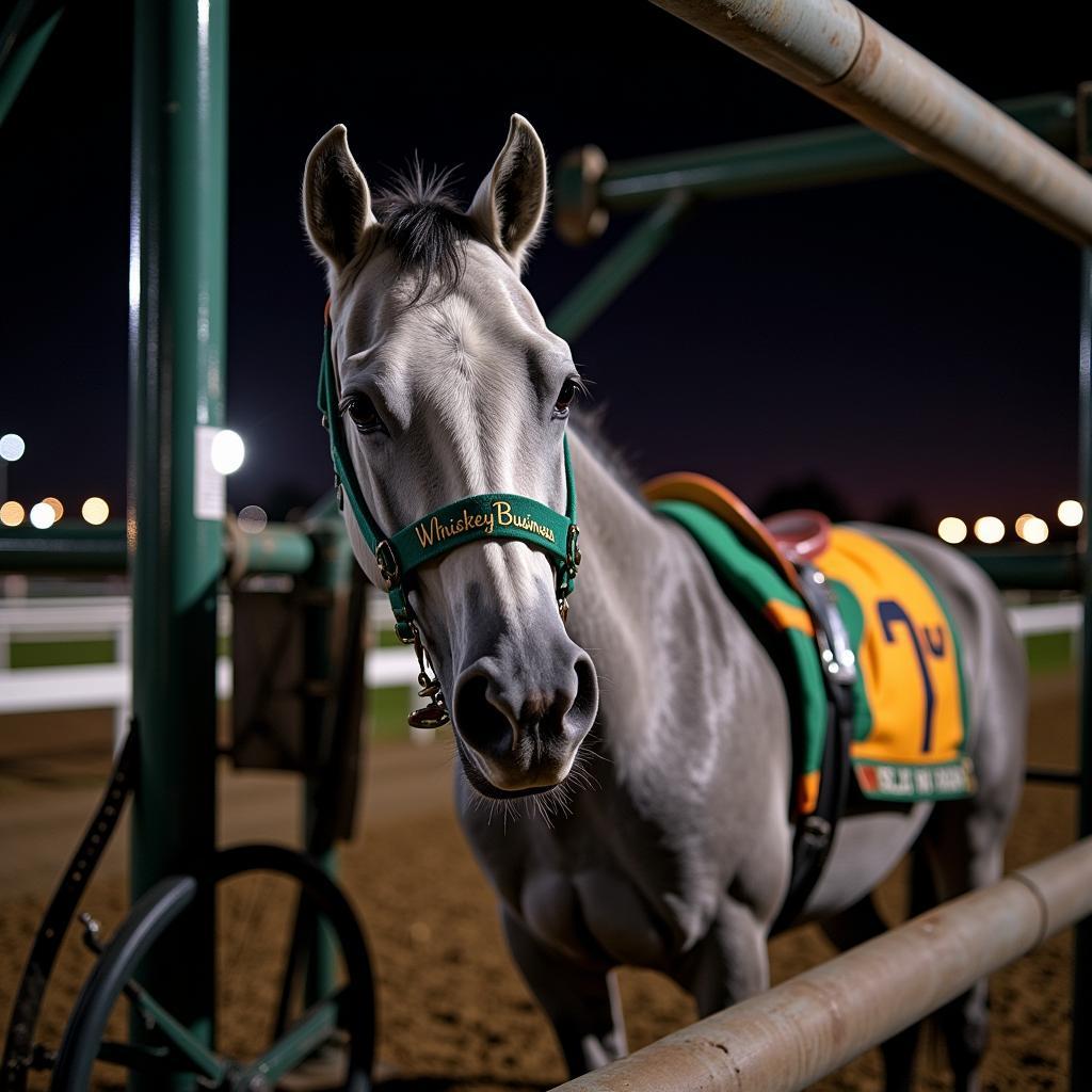 Horse with a Quirky Name at a Night Race