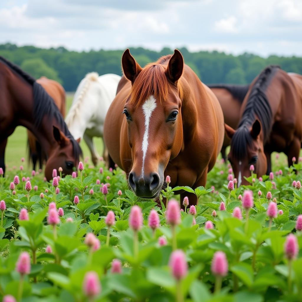 Horses Grazing in a Field of Red Clover